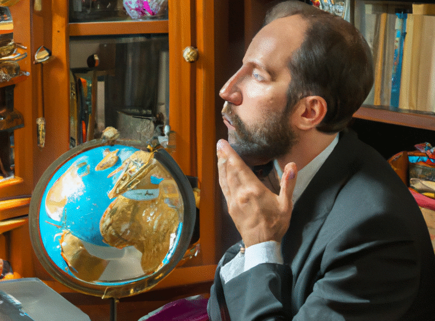 A scholar sits at a desk on which stand a globe and a laptop, in the backgrond a bookcase.
